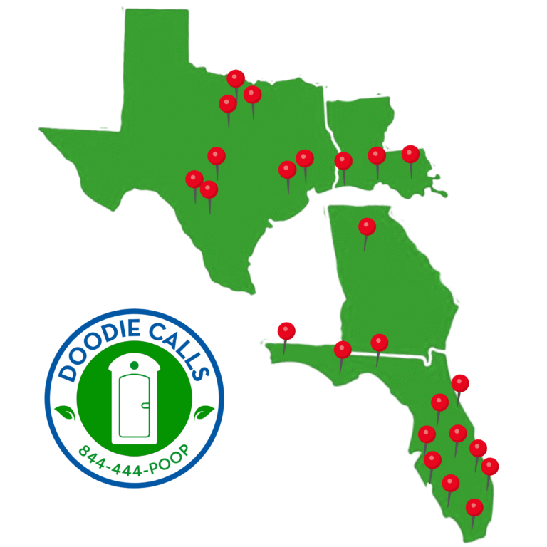 Doodie Calls porta potty service area map showing locations across Florida, Texas, Georgia, and Louisiana, with red pins marking portable restroom rental coverage areas and company logo featuring 844-444-POOP