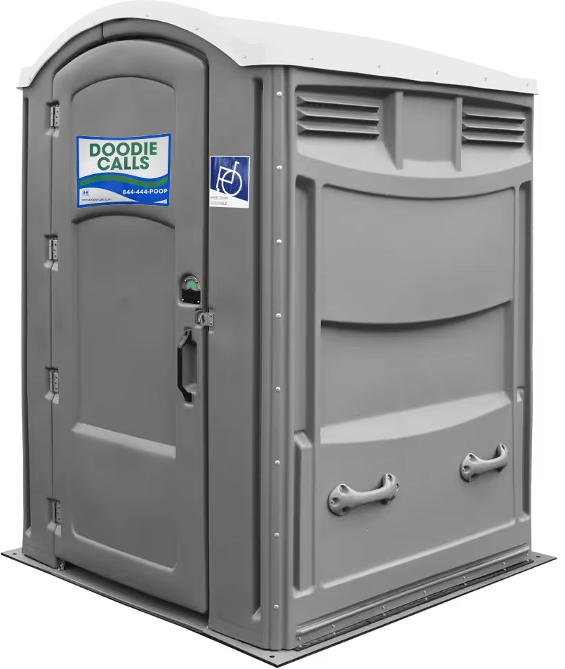 Doodie Calls branded gray ADA porta potty rental unit