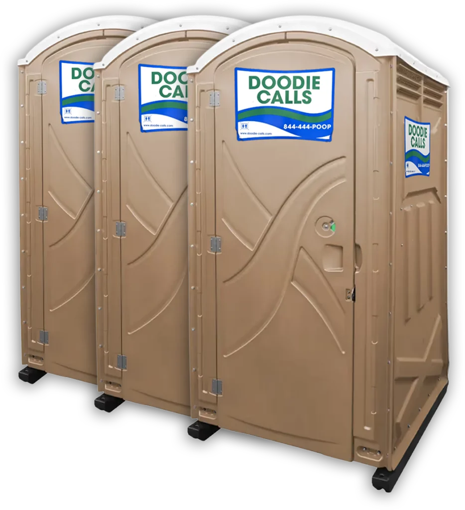 3 Doodie Calls branded tan portable toilets rental units
