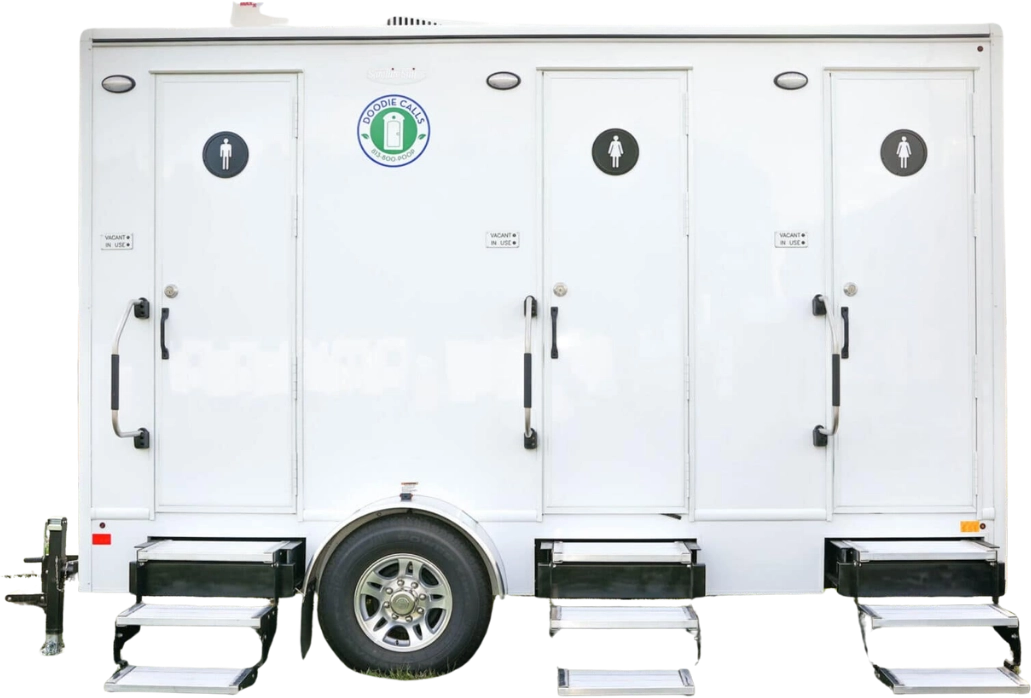 Doodie Calls branded 3-door portable restroom trailer