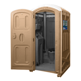 Doodie Calls branded tan flushable porta potty rental unit