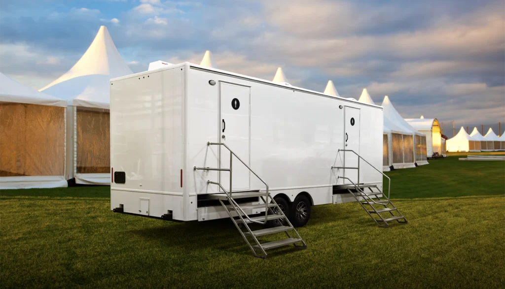10 stall restroom trailer parked at a disaster relief site