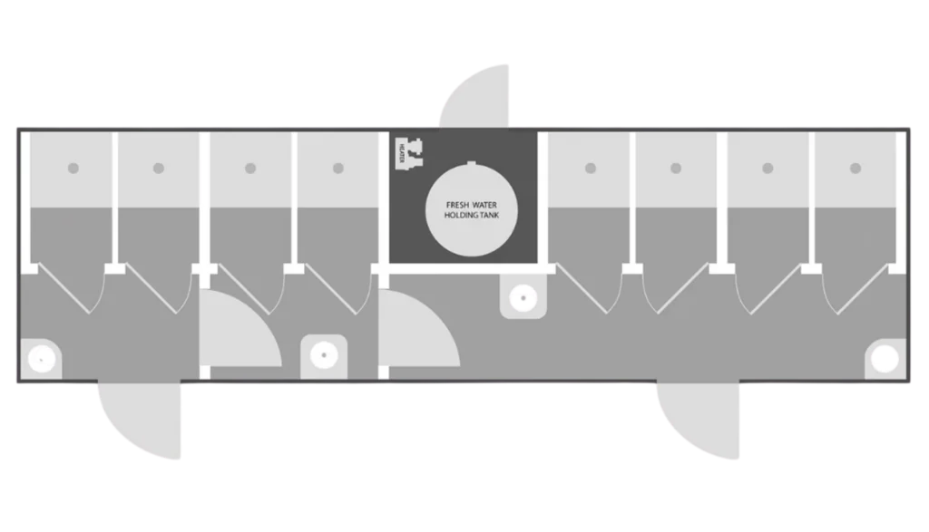 8-station, 2-door shower trailer rental unit floor plan specs