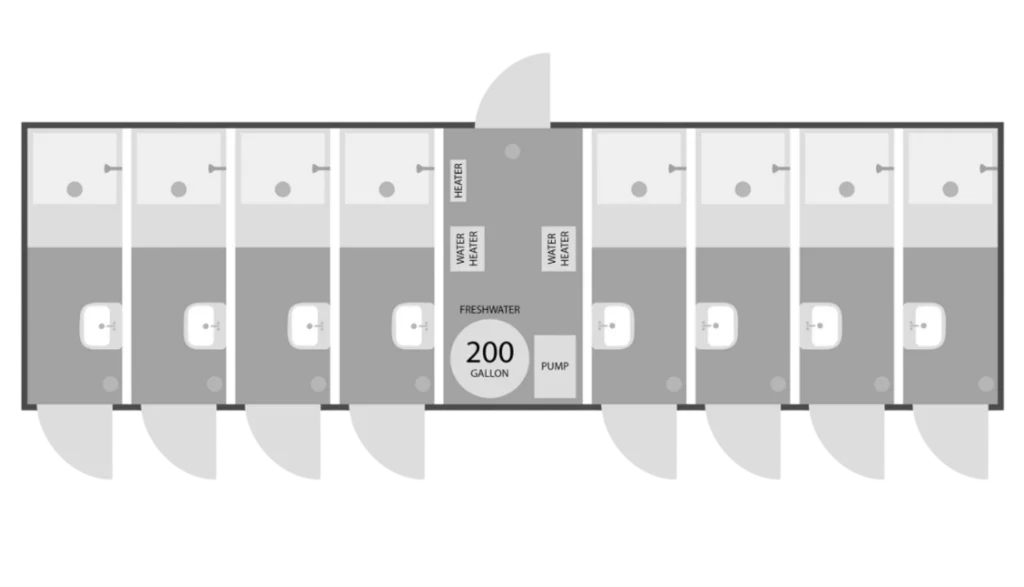 8-station, 8-door shower trailer rental unit floor plan specs