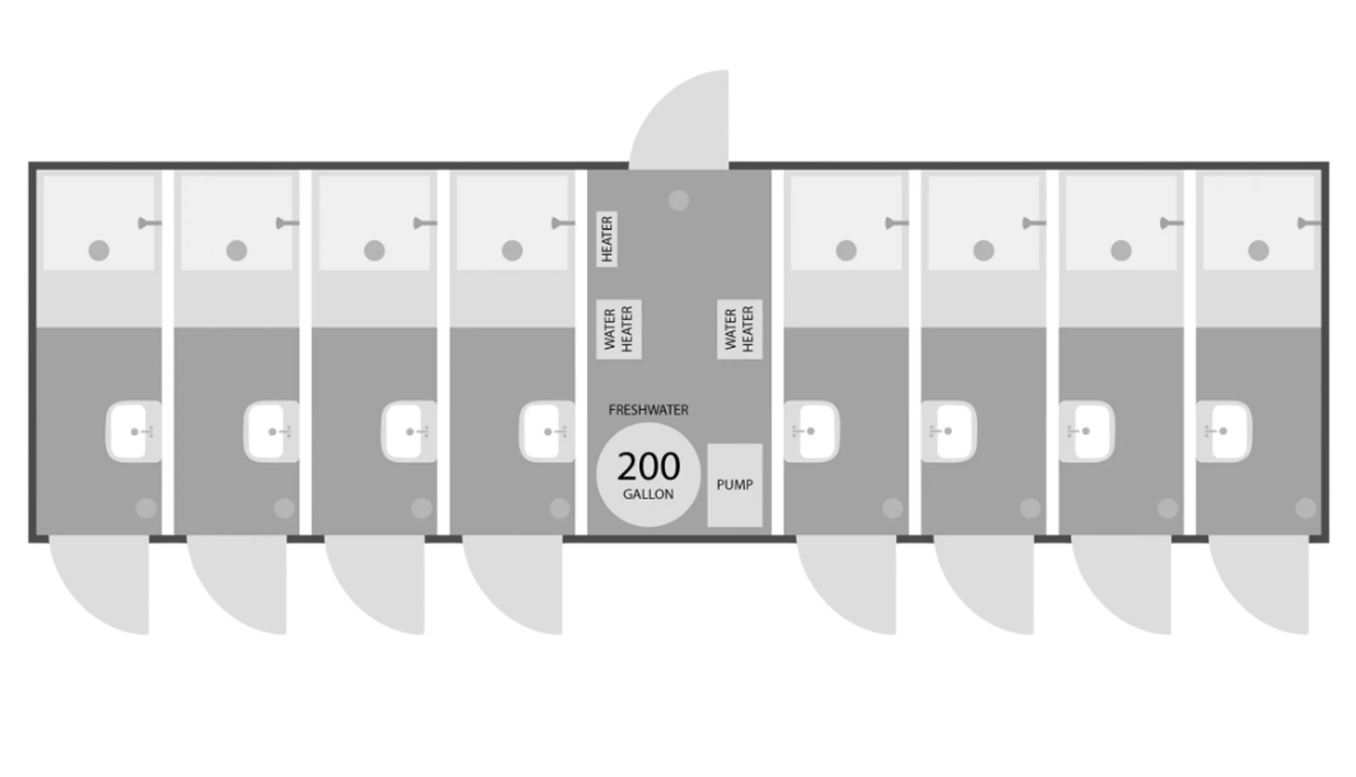8-station, 8-door shower trailer rental unit floor plan specs