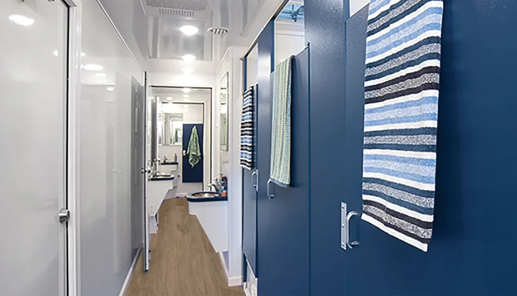 Inside of an 8 Station (2 Doors) Shower Trailer for a disaster recovery site