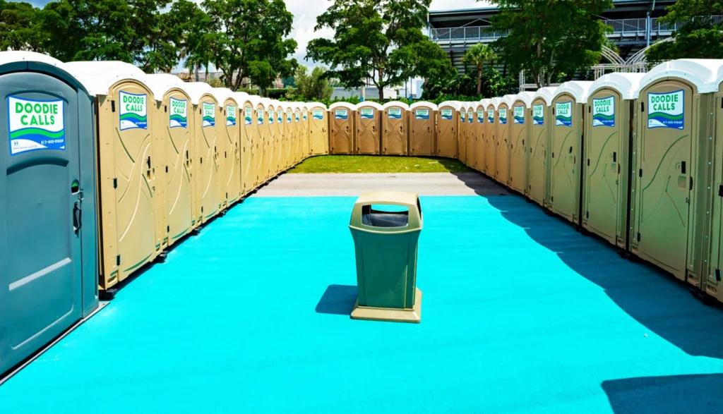 Gray ADA porta potty unit in a cluster of tan standard porta potties on a turquoise carpet at Hard Rock Stadium for a Miami Dolphins game