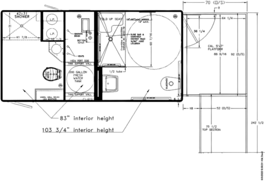 Floorplan layout for a ADA + 1 stall restroom trailer