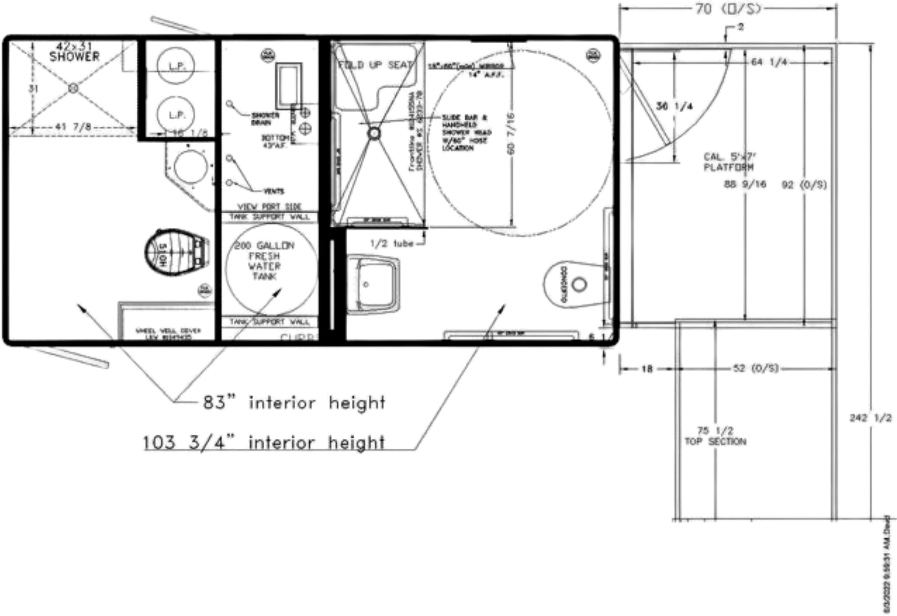 Floorplan layout for a ADA + 1 stall restroom trailer