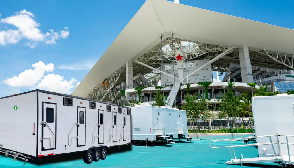 Bunk trailer, ada trailer, and restroom trailer at Hard Rock Stadium for a Miami Dolphins game
