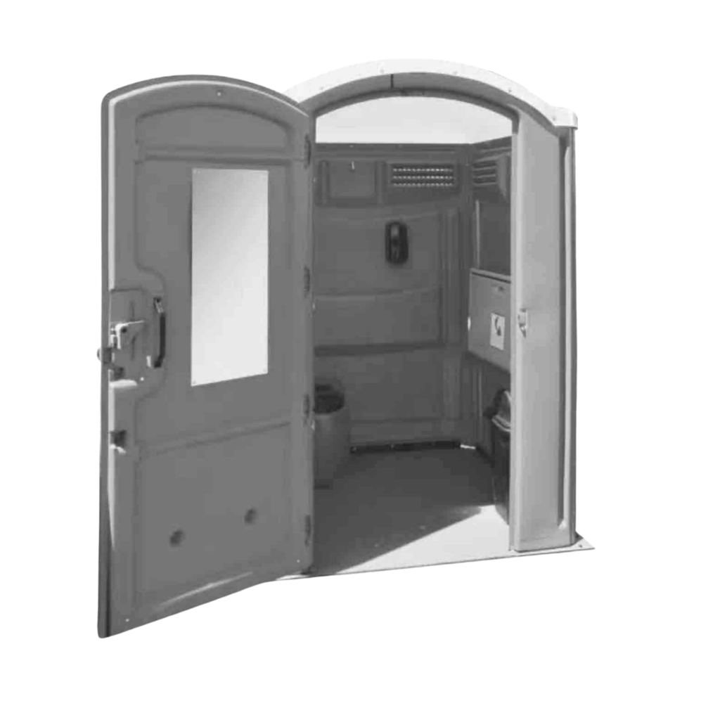 ADA Family friendly porta potty unit with the door open showing inside features