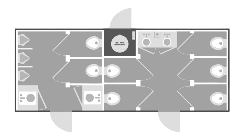 Floorplan layout for a 10-stall restroom trailer