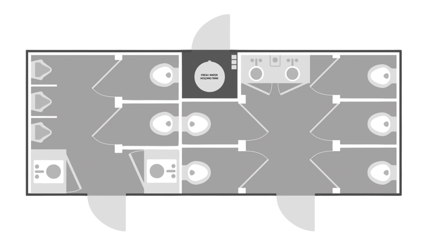 Floorplan layout for a 10-stall restroom trailer