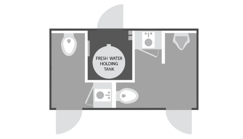Floorplan layout for a 2-stall restroom trailer
