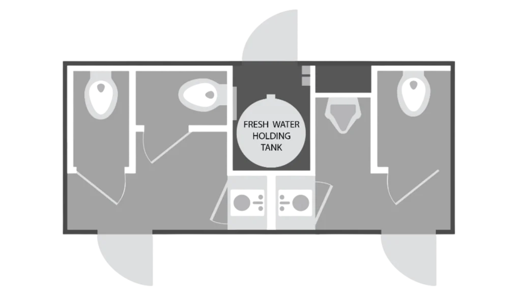 Floorplan layout for a 4-stall restroom trailer with 2-door access