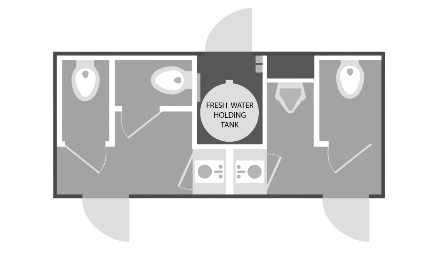 Floorplan layout for a 4-stall restroom trailer with 2-door access