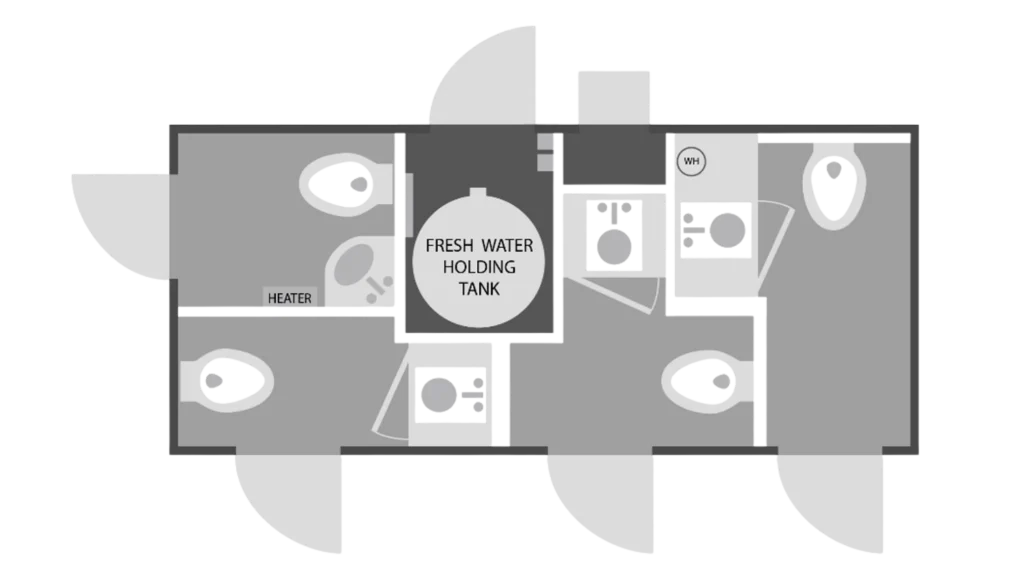 Floorplan layout for a 4-stall restroom trailer with 4-door access