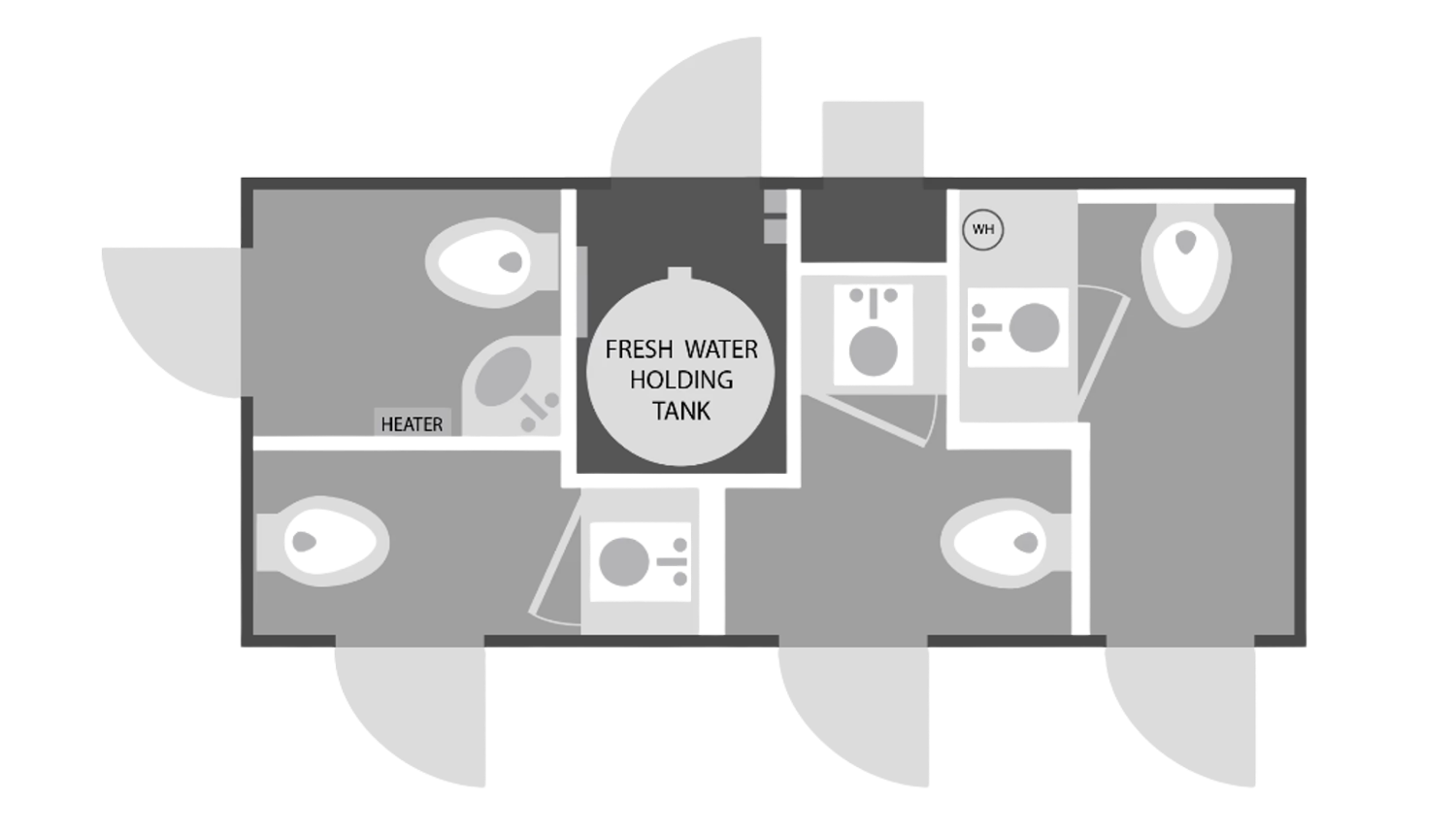 Floorplan layout for a 4-stall restroom trailer with 4-door access