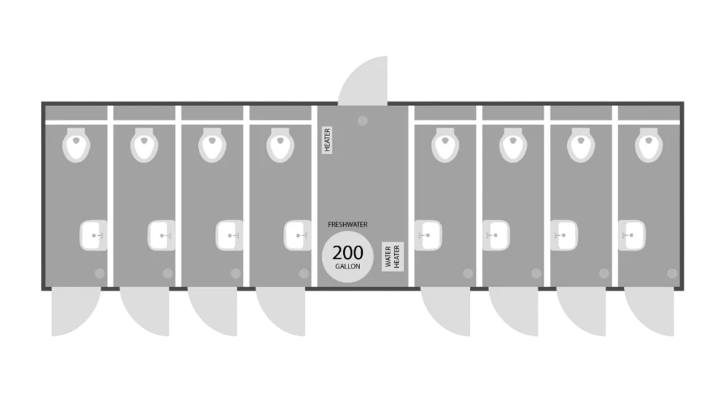 Floorplan layout for a 8-stall restroom trailer