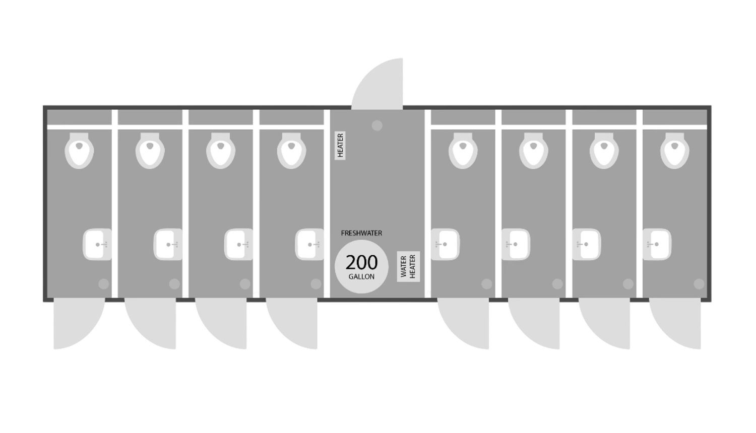 Floorplan layout for a 8-stall restroom trailer