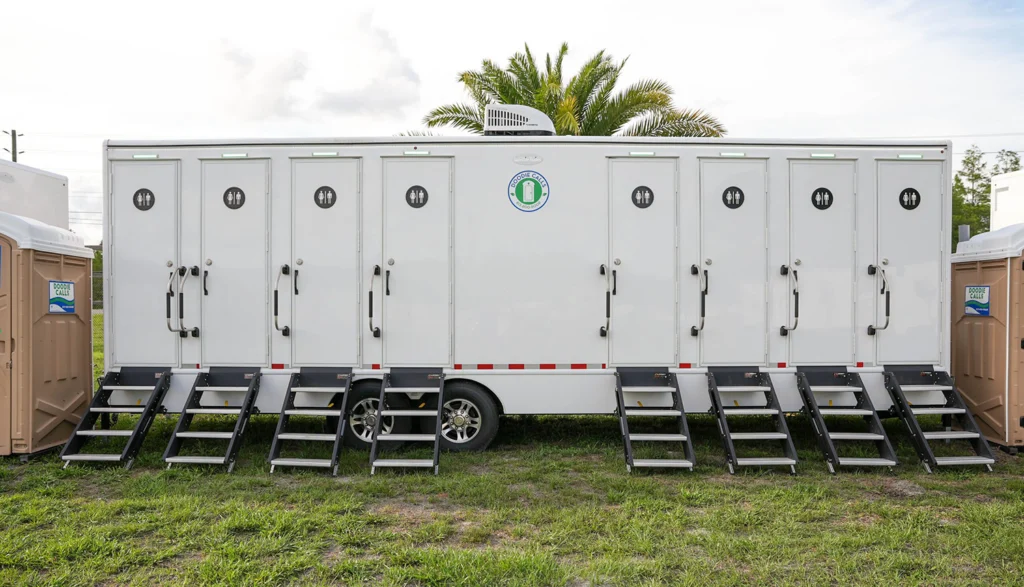 Restroom Trailer parked in the lawn of a construction site