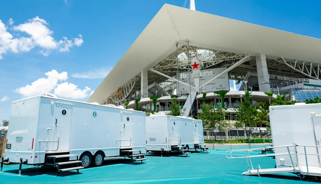 Restroom Trailer in the parking lot of Hard Rock Stadium for a Miami Dolphins game