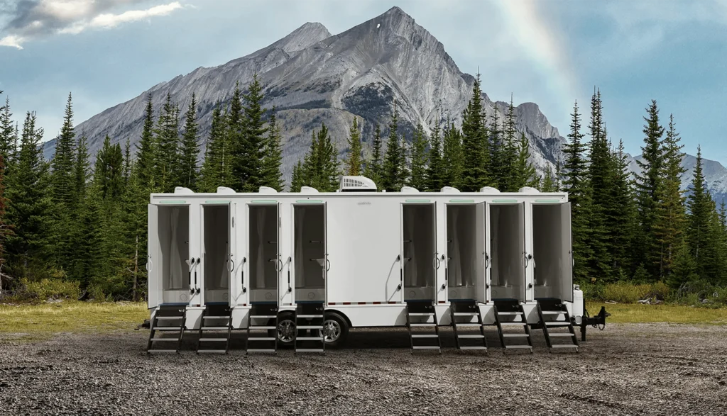 Shower trailer at a disaster recovery site in the mountains