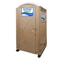 related-products-standard-porta-potty Doodie Calls branded tan standard porta potty rental unit